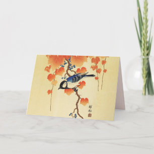 Carte Mésange bleue,Oiseau,branche de paulownia,feuilles