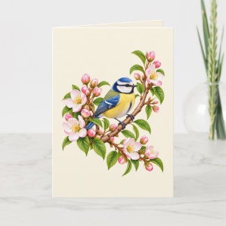 Carte Mésange bleue sur branche fleurie Oiseau botanique