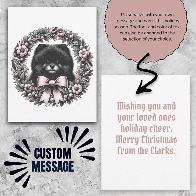Carte Message personnalisé pour Pomeranian noir Couronne (Custom Message Black Pomeranian Vintage Wreath Card)