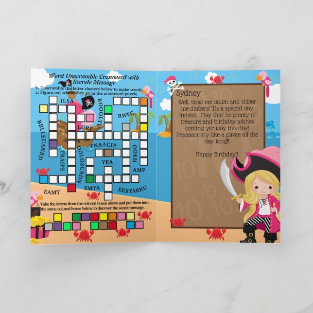 Carte Message secret pirate fille blonde Joyeux Annivers (Intérieur)
