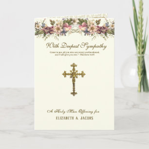 Carte Messe de sympathie catholique Offrande Crucifix Fl
