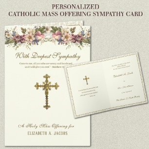 Carte Messe de sympathie catholique Offrande Crucifix Fl