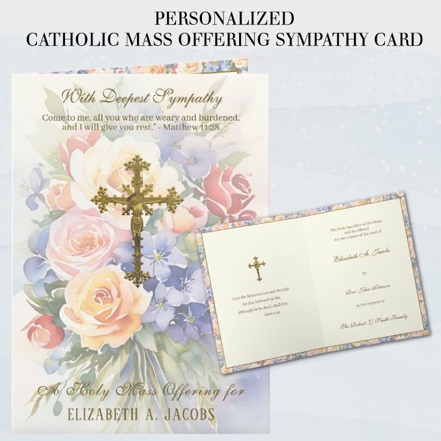 Carte Messe de sympathie catholique Offrande Crucifix Fl (TRADITIONAL CATHOLIC MASS OFFERING SYMPATHY CONDOLENCE CARDS)