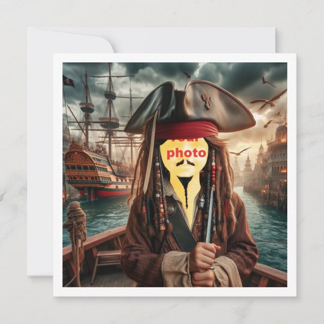 Carte Mets mon visage sur la photo, pirate sur un bateau (Devant)