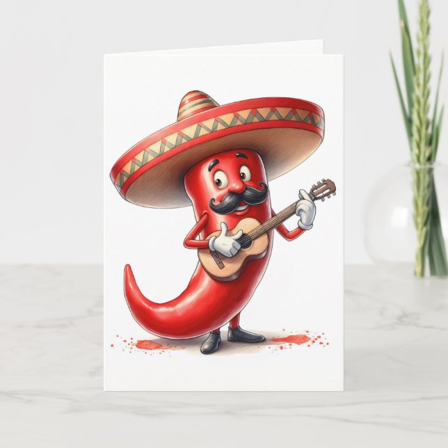 Carte Mexicaine Anniversaire Rouge Chili Pepper Guitare  (Devant)