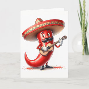 Carte Mexicaine Anniversaire Rouge Chili Pepper Guitare