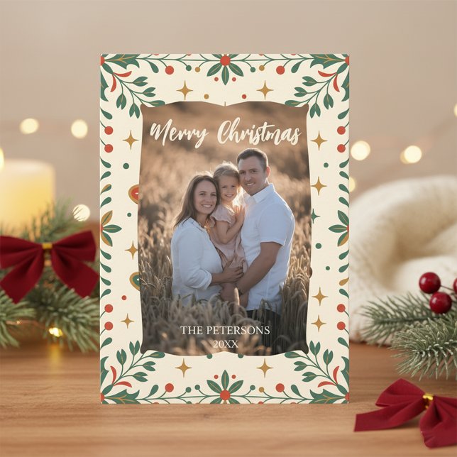 Carte Mid-Century Modern Holly Photo Family Holiday (Créateur téléchargé)