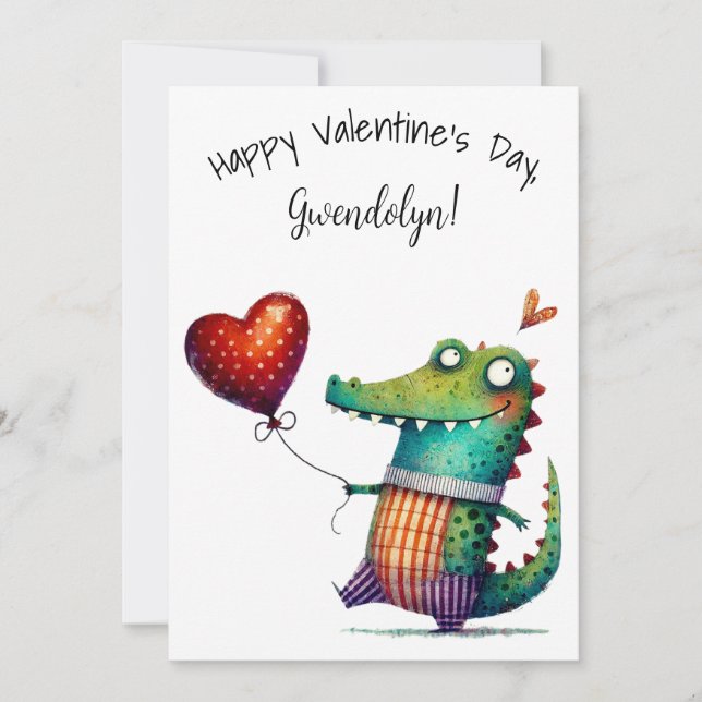 Carte Mignon Alligator Fantaisiste Saint-Valentin Plat (Devant)
