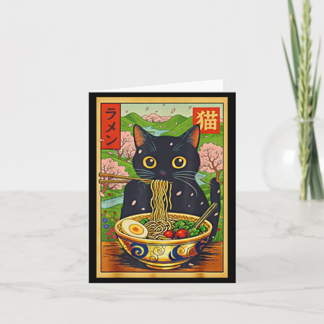 Carte Mignon Chat Ramen Nature Fleurs Nouilles Anime  (Devant)