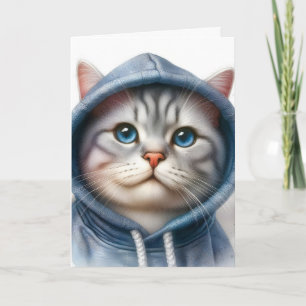 Carte Mignon chat tabby gris et blanc Yeux bleus à capuc