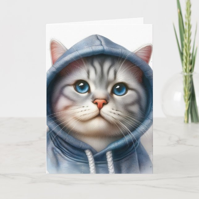 Carte Mignon chat tabby gris et blanc Yeux bleus à capuc (Devant)