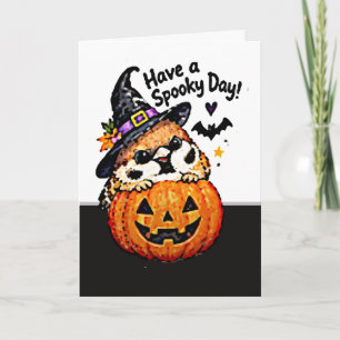 Carte Mignon Chibi Moineau Oiseau Halloween Citrouille