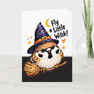 Carte Mignon Chibi Moineau Oiseau Sorcière Halloween amu