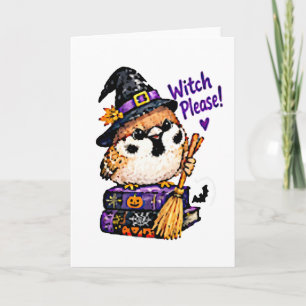 Carte Mignon Chibi Moineau Oiseau Sorcière Halloween S'i