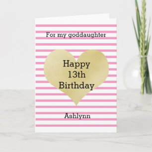 Carte Mignon cœur rose et or 13e anniversaire filleule
