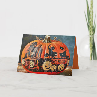 Carte Mignon Joyeux Halloween Citrouille et Chats