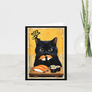 Carte Mignon Kawaii Chat Noir Mangeant Sushi Drôle Japon