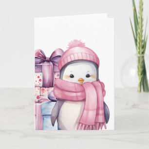 Carte Mignon manchot à l'aquarelle en rose avec des cade
