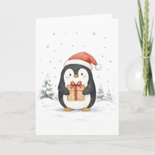 Carte Mignon manchot de Noël avec cadeau et chapeau de P