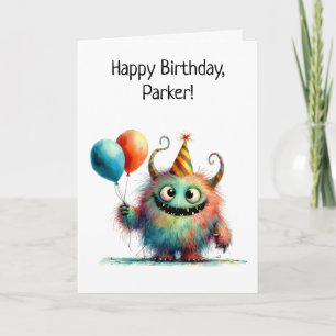 Carte Mignon monstre en chapeau d'anniversaire avec ball