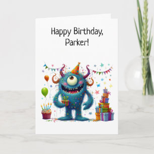 Carte Mignon monstre en chapeau de fête avec ballons et