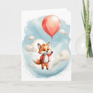 Carte Mignon petit renard à l'aquarelle grand ballon rou