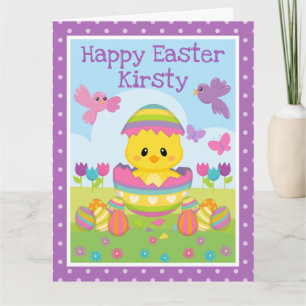 Carte Mignon poussin de printemps et œufs de Pâques au c