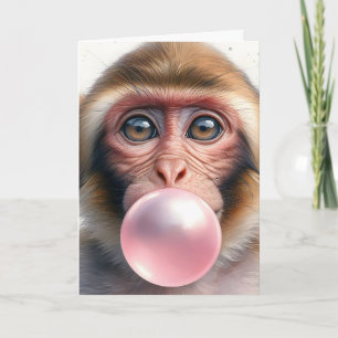 Carte Mignon singe qui souffle des bulles de chewing-gum