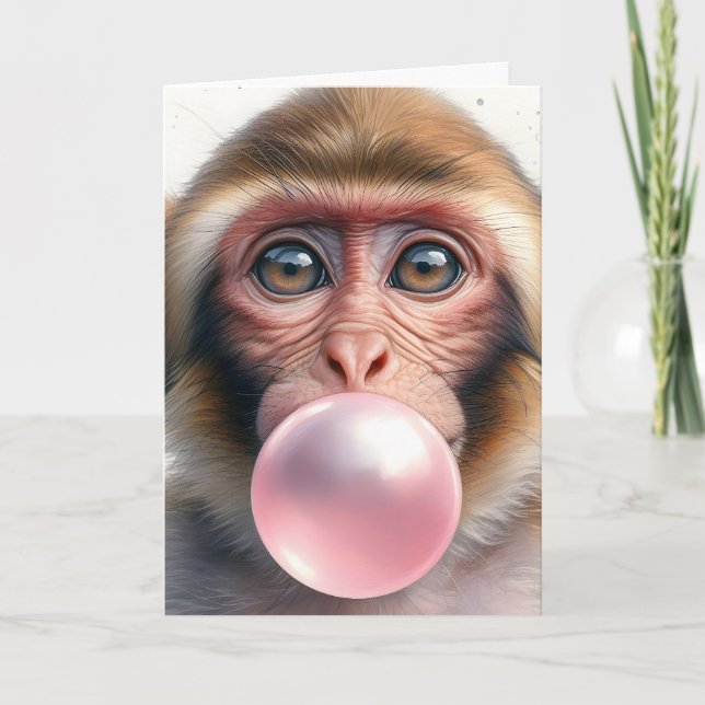 Carte Mignon singe qui souffle des bulles de chewing-gum (Devant)