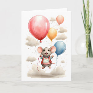 Carte Mignon Souris Aquarelle Flottant avec Ballons Cart