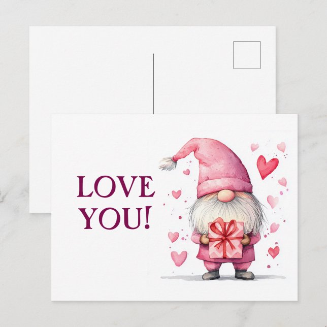 carte mignonne avec un gnome rose de dessin animé  (Devant / Derrière)