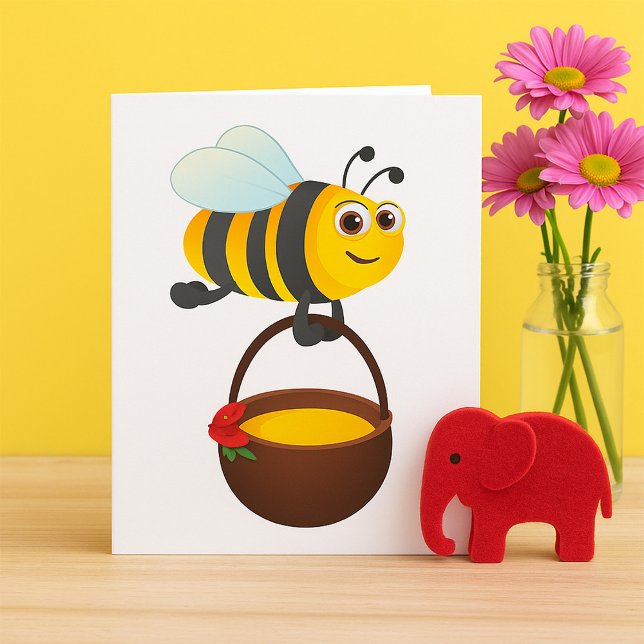 Carte Mignonne Bee transportant un pot de miel avec fleu (Créateur téléchargé)