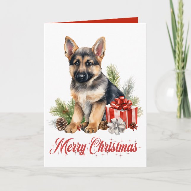 Carte Mignonne berger allemand Chien chiot Joyeux Noël (Devant)