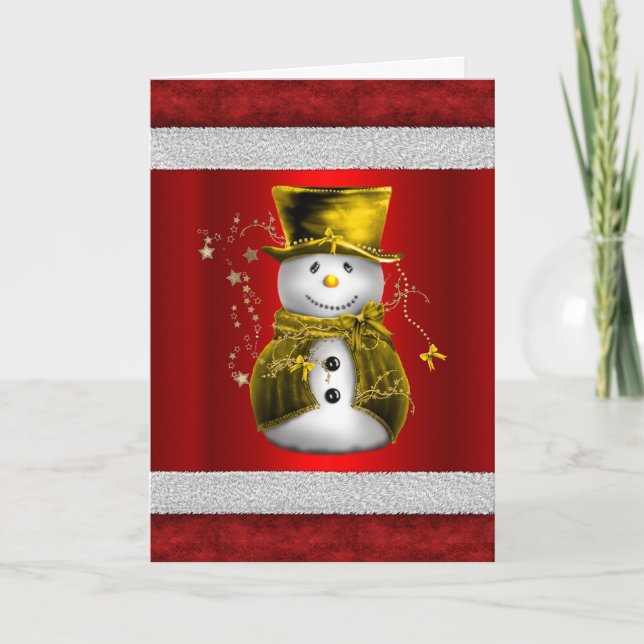Carte Mignonne bonhomme de neige en or à Noël rouge (Devant)