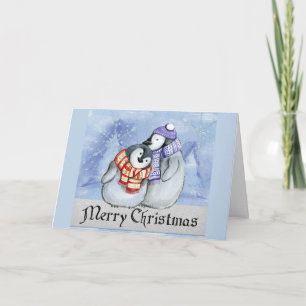 Carte Mignonne Cartoon Penguin Couple Joyeux Noël