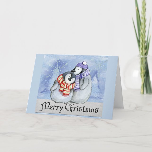 Carte Mignonne Cartoon Penguin Couple Joyeux Noël (Devant)