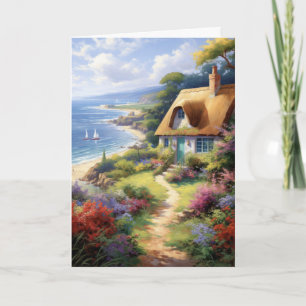 Carte Mignonne chalet à la mer Fleurs Bonjour plié