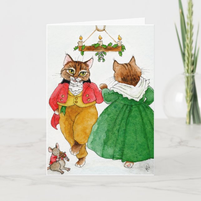 Carte Mignonne chat couple souris Noël Danse (Devant)