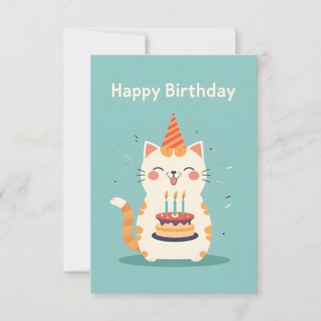 Carte Mignonne chat portant un gâteau d'anniversaire (Devant)