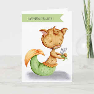 Carte Mignonne Chat Whimsical Souris Sirène Anniversaire