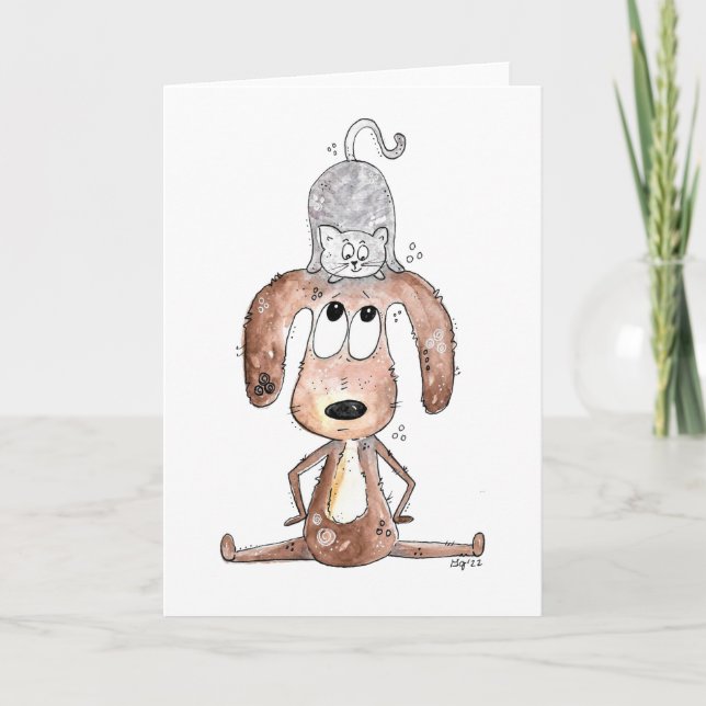 Carte Mignonne chien Whimsical avec chat sur sa tête (Devant)
