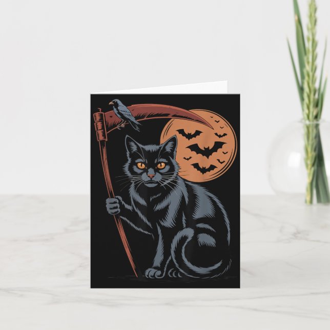 Carte Mignonne Faucheuse Mort Chat Noir Halloween Maman (Devant)