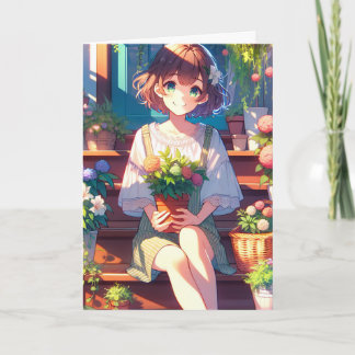 Carte Mignonne fille Anime tenant un Plante pensant à to