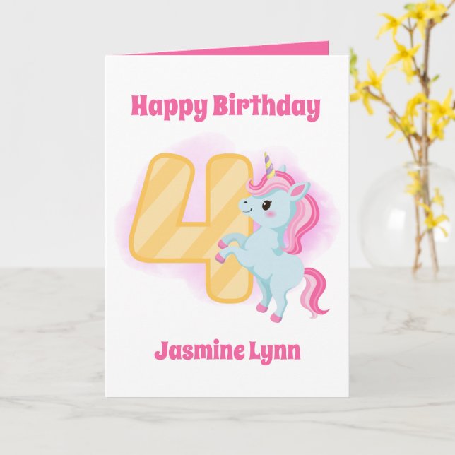 Carte mignonne filles 4th Birthday unicorne ajouter nom  (Fleur jaune)