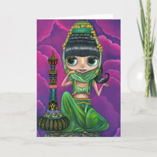 Carte Mignonne Green Genie Girl Big Eyes Poupée Bouteill