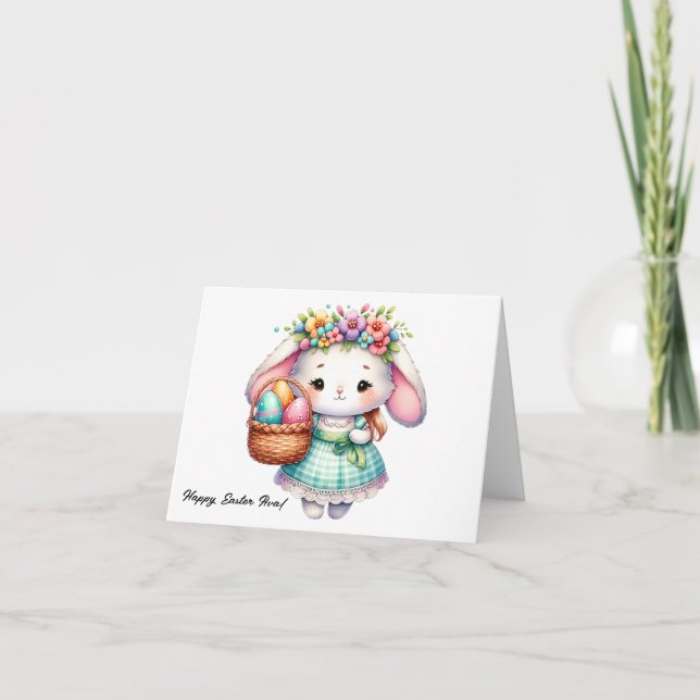 Carte Mignonne lapin de Pâques Kawaii avec fleurs (Devant)