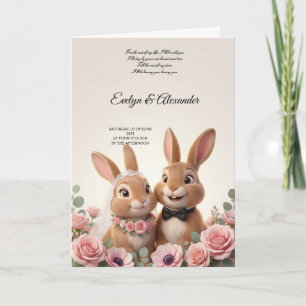 Carte Mignonne mariée lapin et jeune marié rose floral 