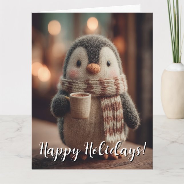 Carte Mignonne poupée pingouin tricotée avec écharpe ten (Devant)