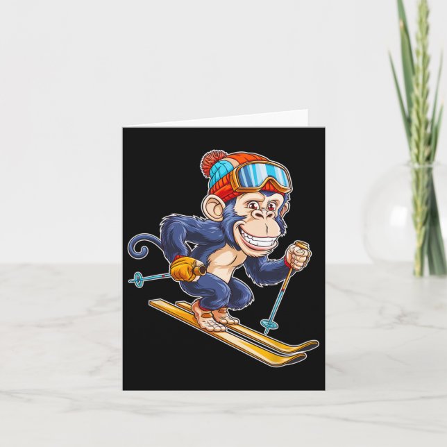 Carte Mignonne Singe Cartoon Ski Avec Skis (Devant)