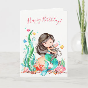 Carte Mignonne sirène d'aquarelle sous la mer Anniversai